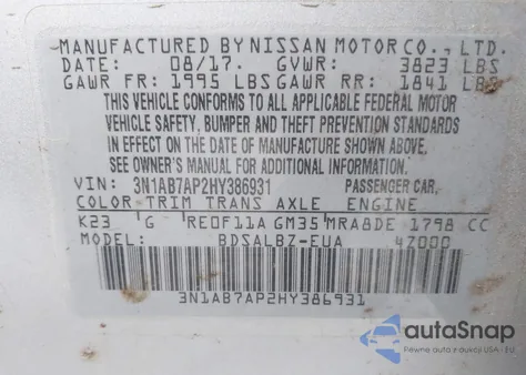 2017 Nissan Sentra S from USA, damaged, VIN 3N1AB7AP2HY386931